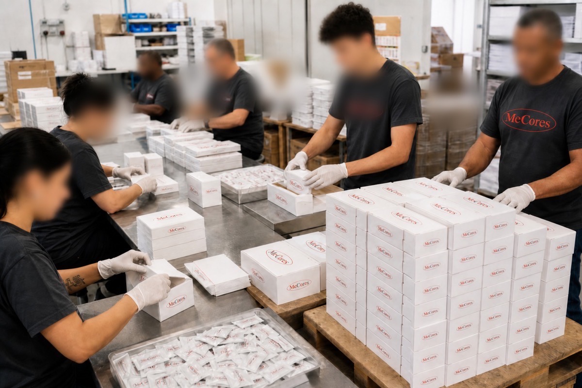 Team MeCores in linea manuale di astucciamento sullo stesso prodotto