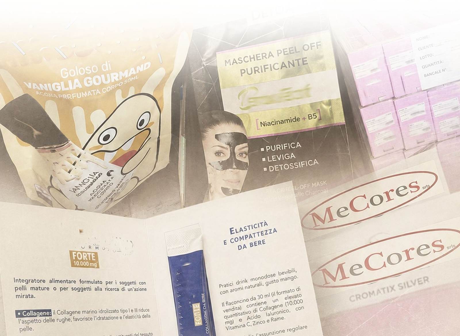 Packaging MeCores — composizione prodotti reali